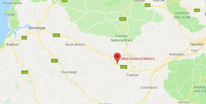 Google map showing Mike Ackland Motors near Tiverton
